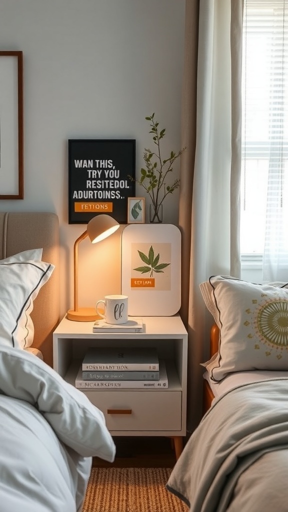A stylishly organized nightstand with a lamp, mug, books, and decorative items.