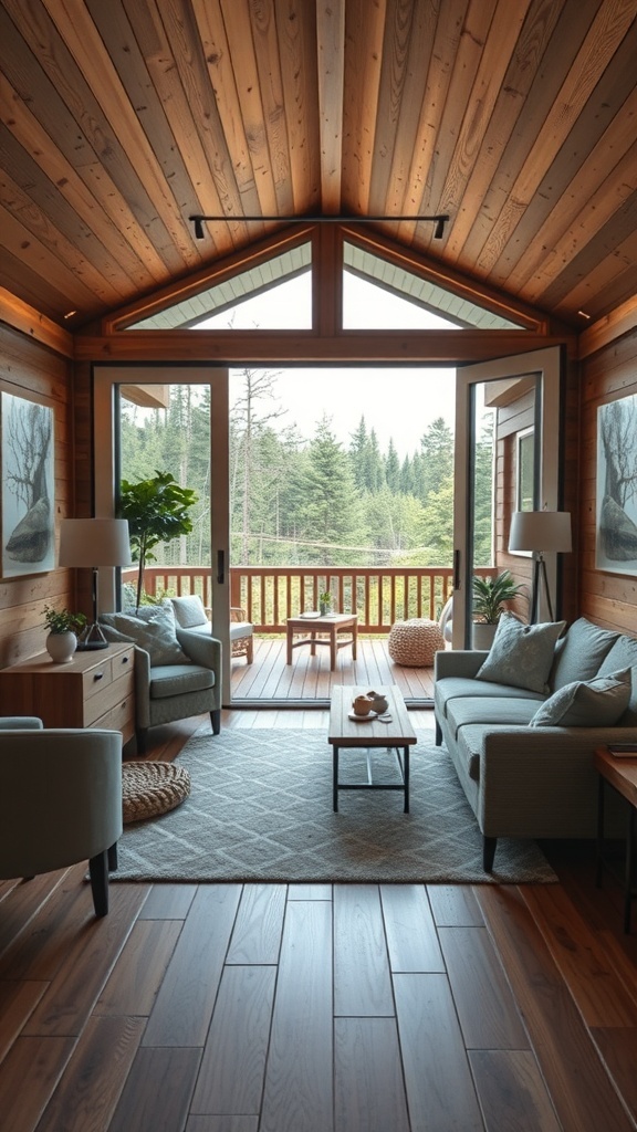 Cozy tiny cabin interior with large glass doors opening to a spacious deck surrounded by trees.