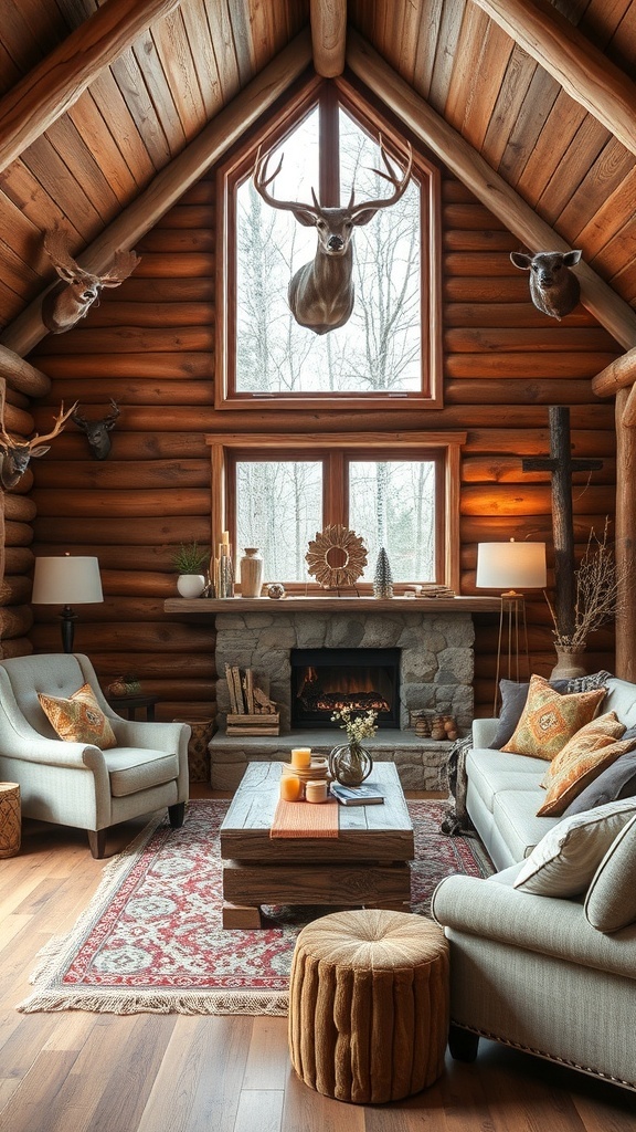 A cozy rustic cabin interior with wooden beams, deer heads on the walls, and a warm fireplace.