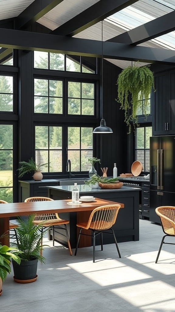 A stylish black kitchen with large windows, a wooden dining table, and potted plants.