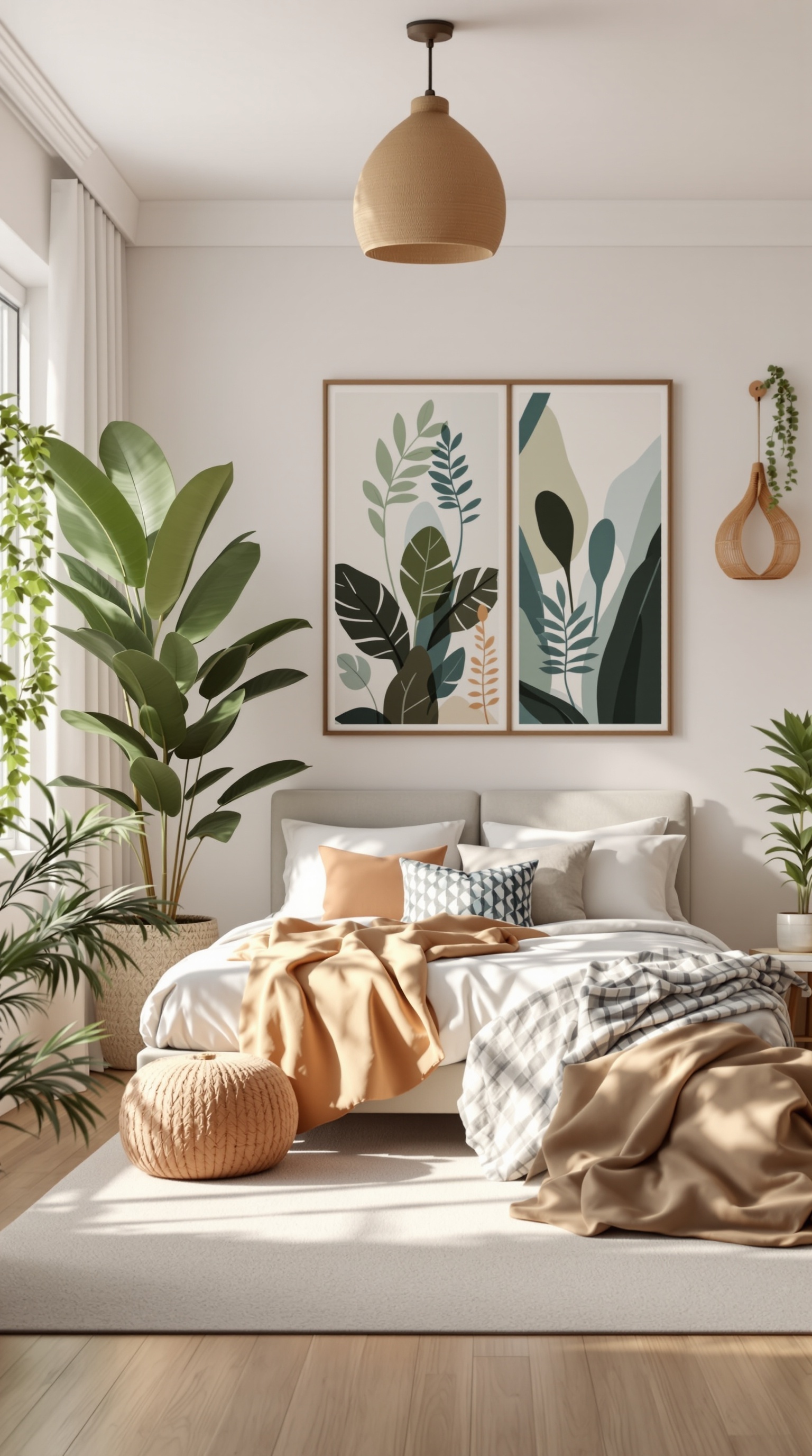 A stylish kids bedroom with plants, soft textiles, and nature-inspired artwork.
