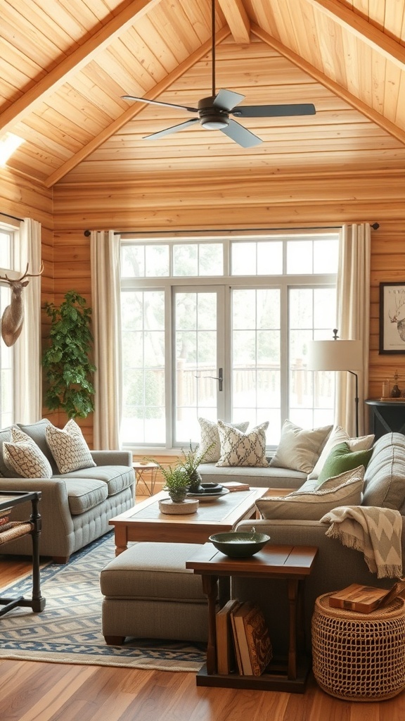 Cozy cabin living room with wooden walls, large windows, and comfortable furniture.