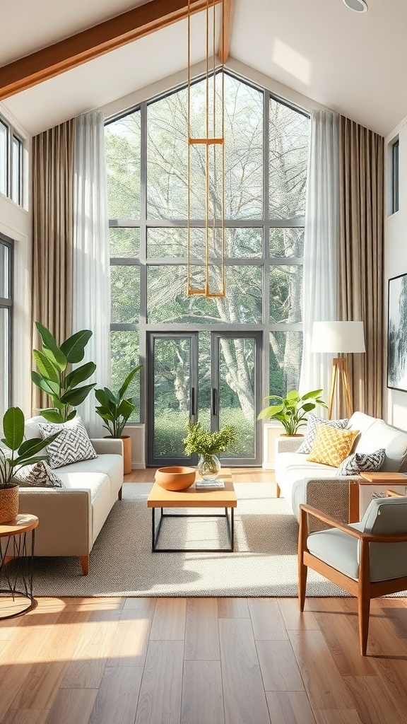 A modern rustic living room with large windows, plants, and natural wood elements.