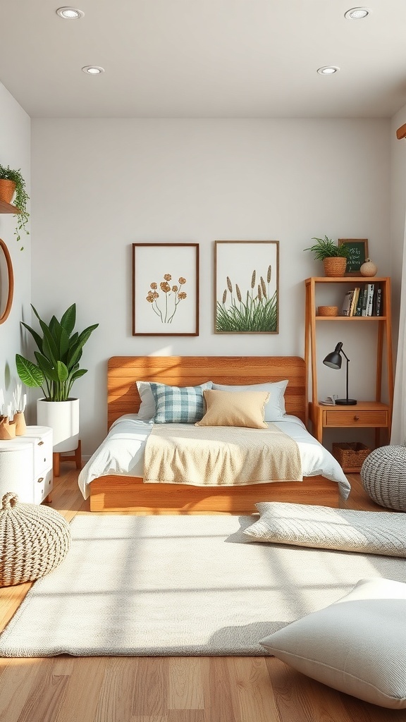 A cozy pre-teen bedroom with wooden furniture, plants, and nature-inspired decor.