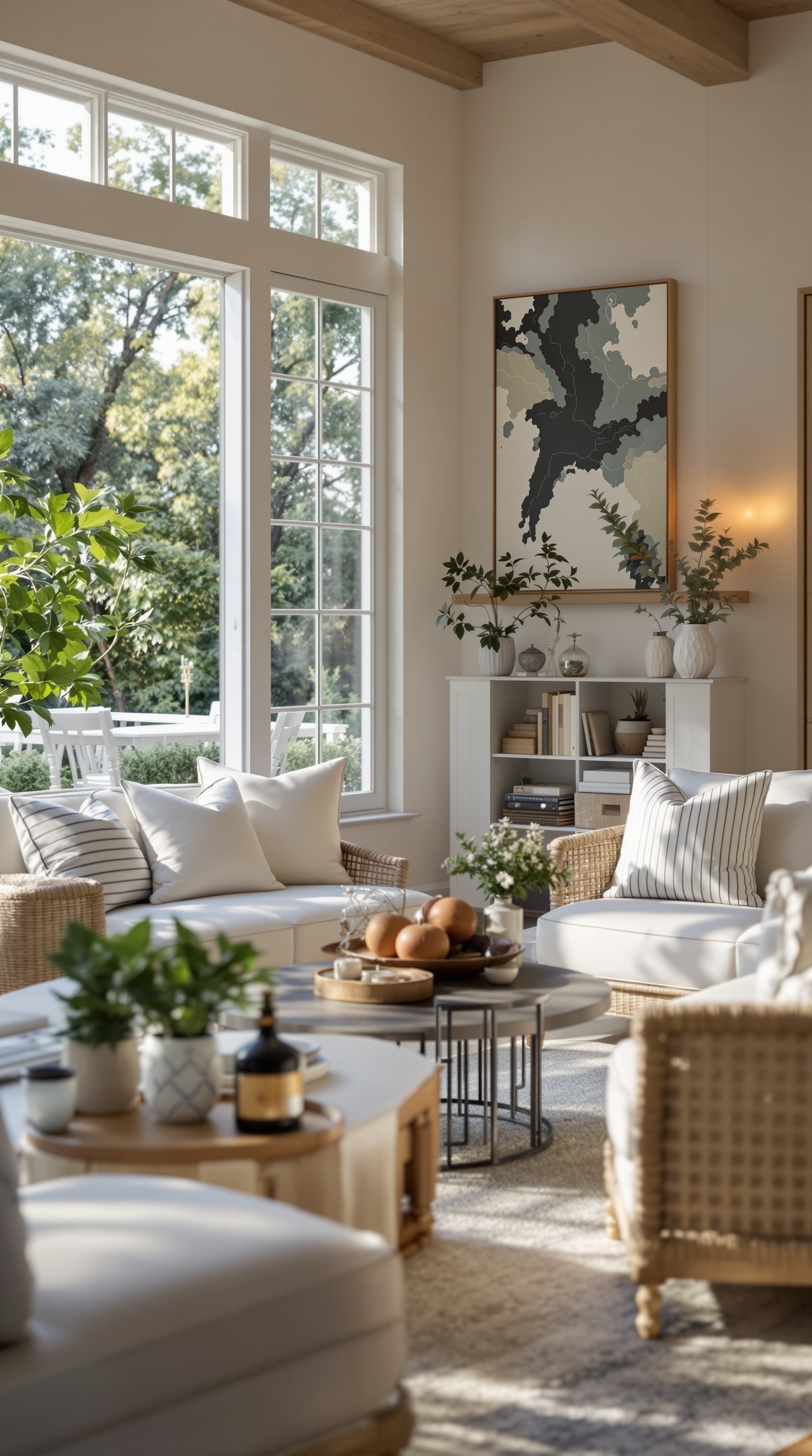 A cozy family room with large windows showcasing greenery outside, featuring neutral decor, comfortable seating, and decorative plants.