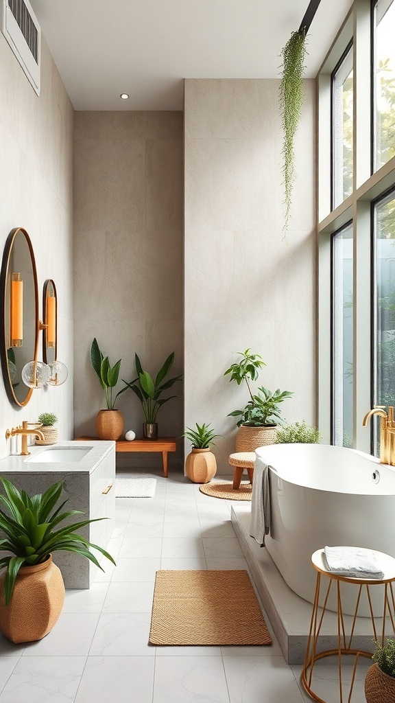 A modern bathroom with large windows, plants, a freestanding tub, and earthy decor.