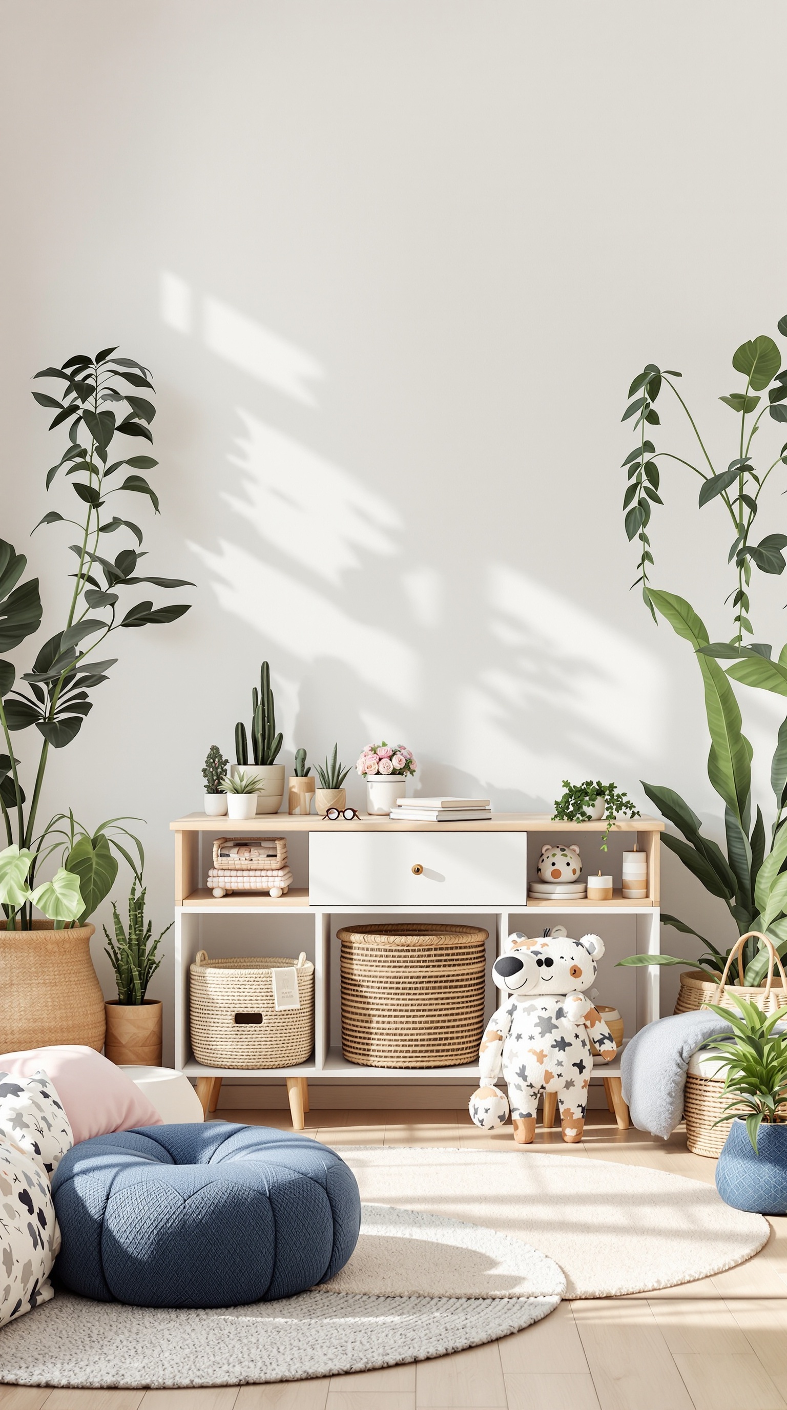 A colorful kids room featuring plants, wooden furniture, and cozy cushions.