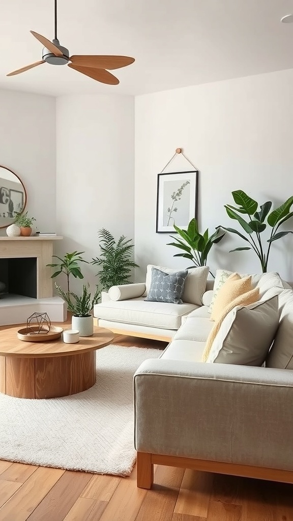 A cozy minimalist living room featuring light wood furniture, green plants, and soft textiles.