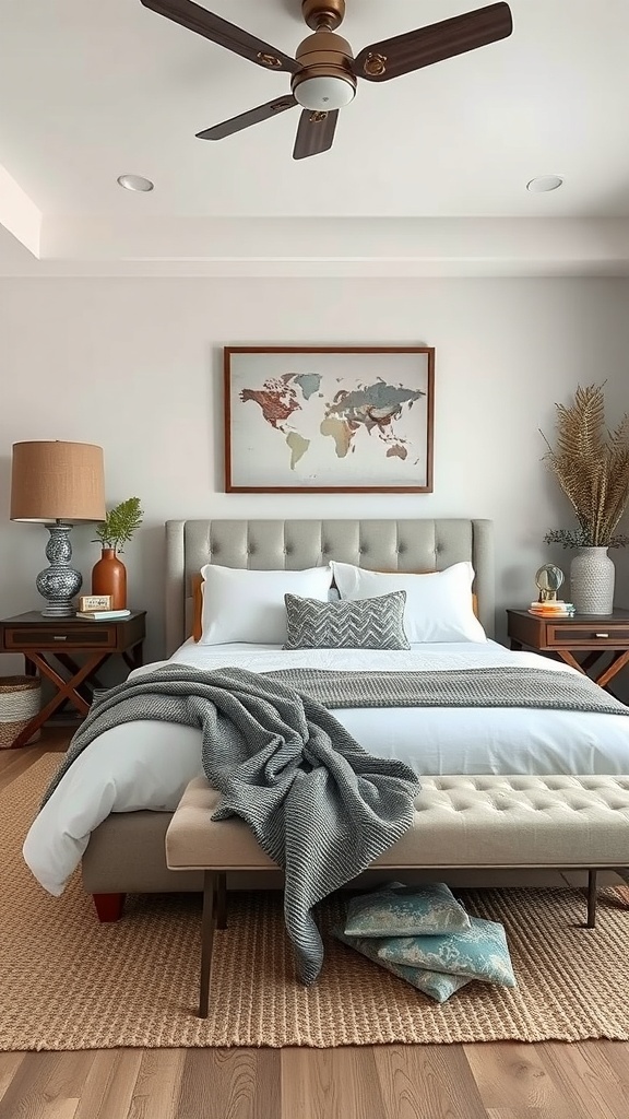 A cozy earthy bedroom featuring a world map, soft bedding, and natural textures.