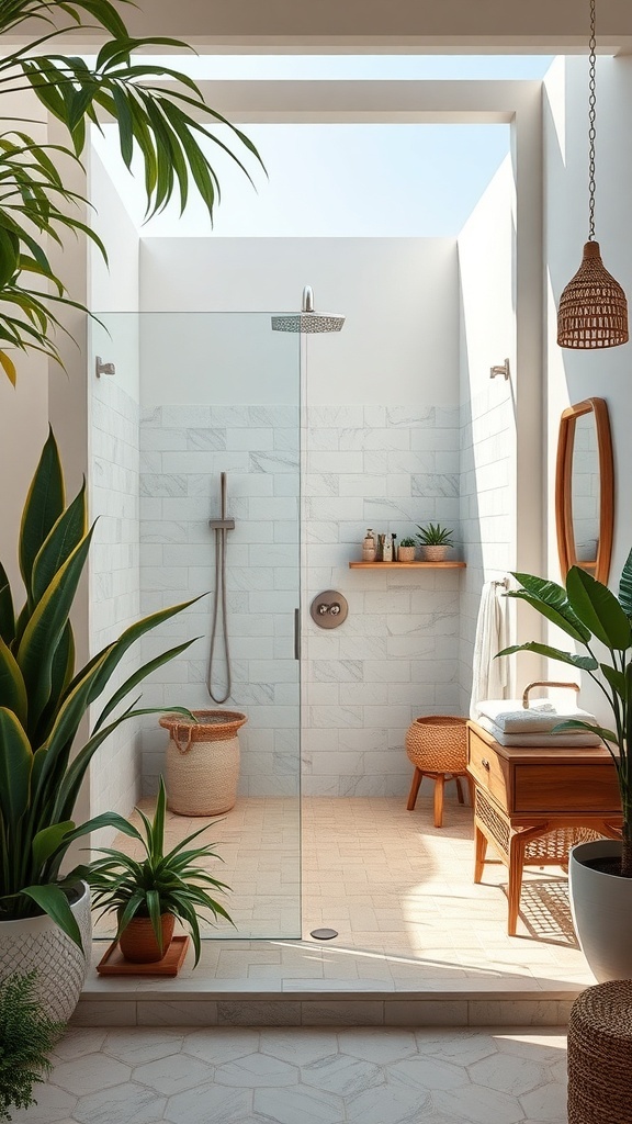 A modern outdoor-inspired shower with glass enclosure, plants, and natural light.