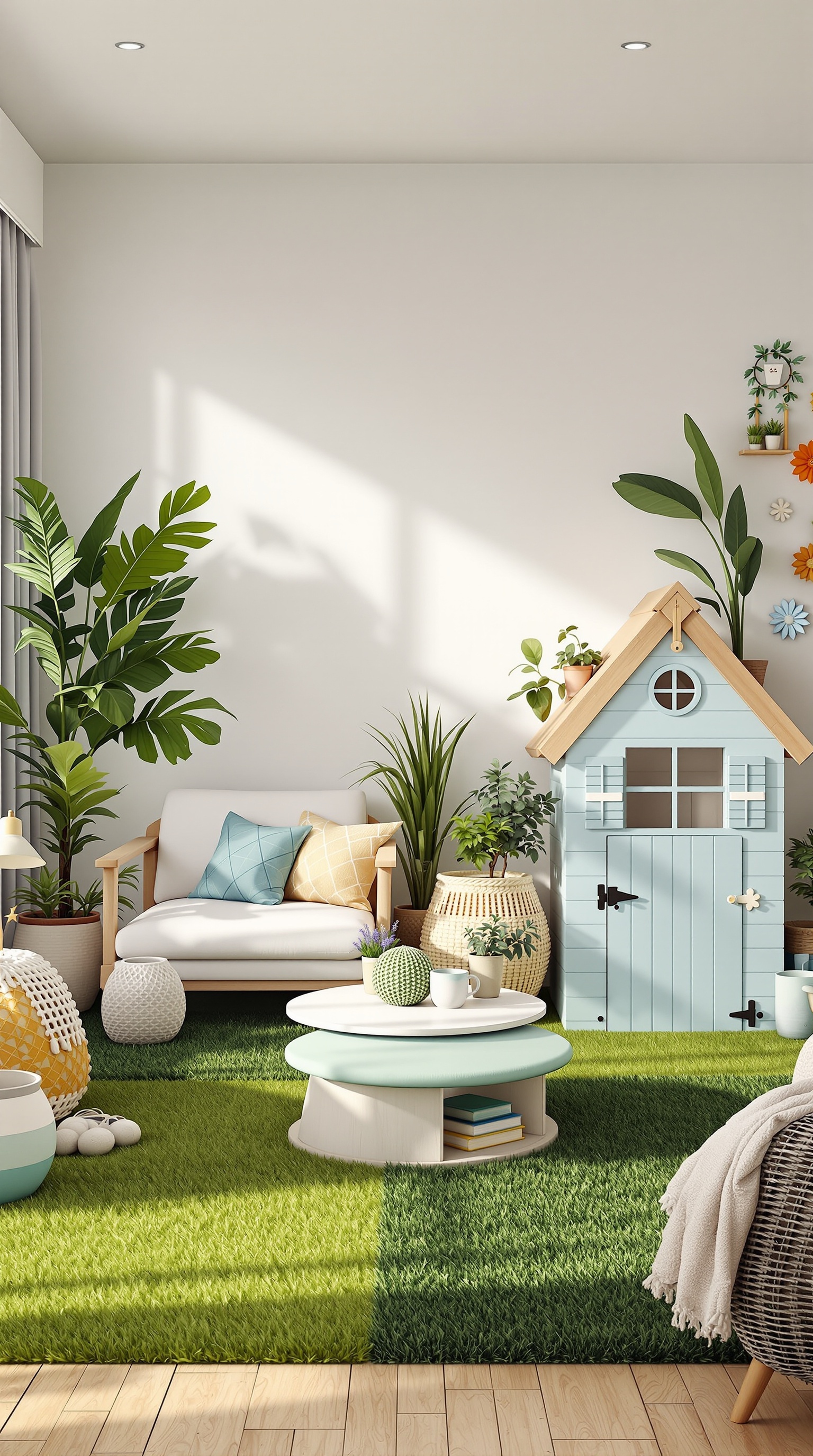 A bright and cheerful kids hangout room featuring a grassy carpet, cozy seating, colorful cushions, and a small playhouse.