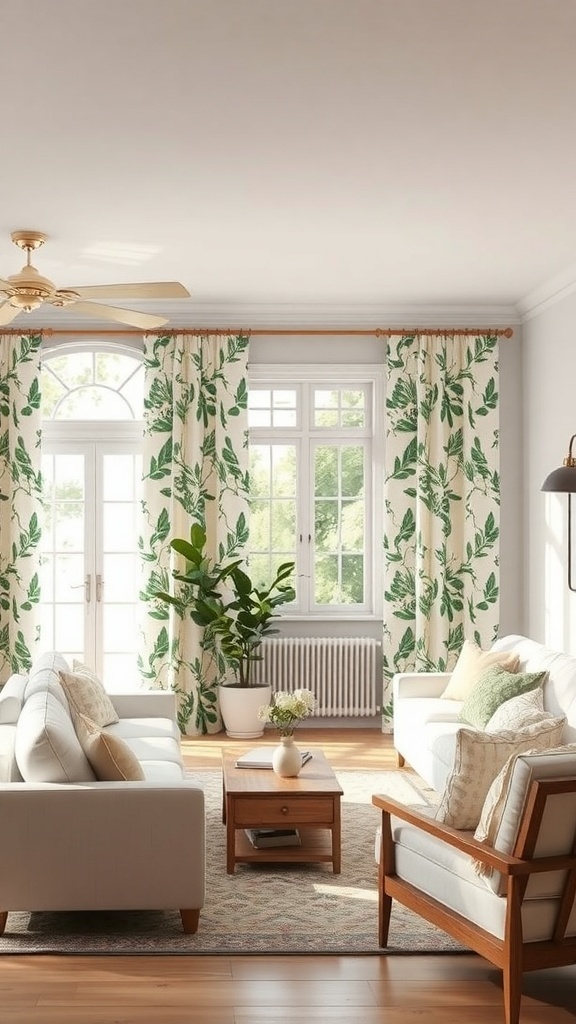 Living room with botanical print curtains and natural decor