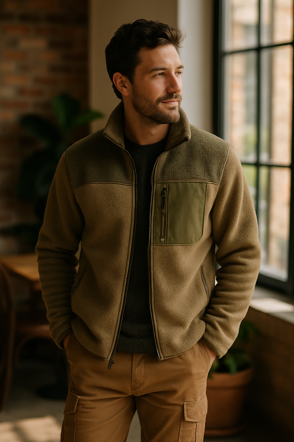A man in a cozy fleece jacket and cargo pants, ready for outdoor activities.