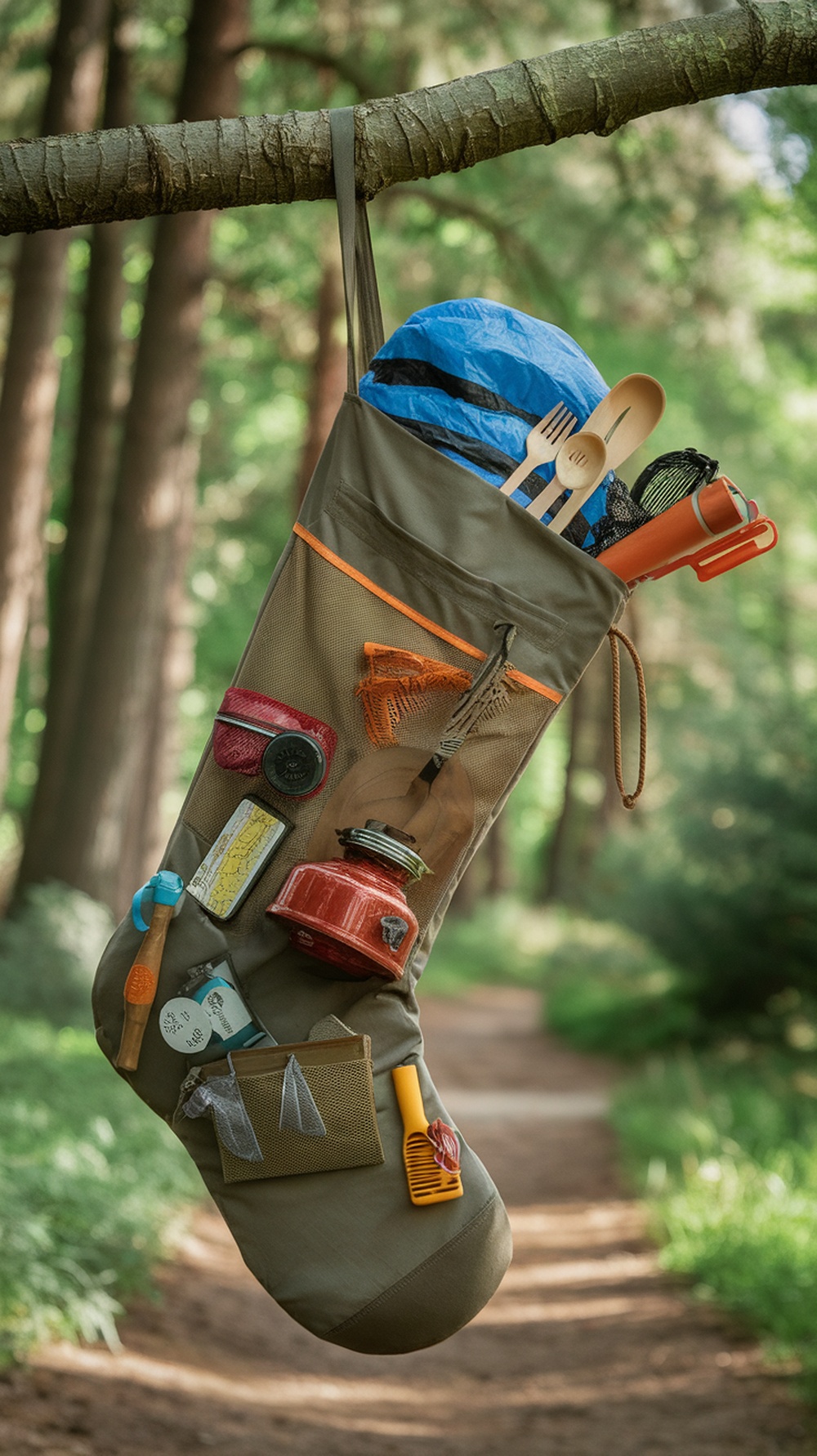 A Christmas stocking filled with outdoor gear hanging from a tree branch in a forest.