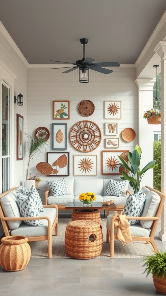 A cozy porch with a wall art display featuring woven baskets and framed botanical prints, complemented by comfortable seating and plants.