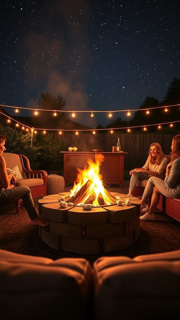 A cozy outdoor bonfire setting with friends, surrounded by string lights and a starry sky.