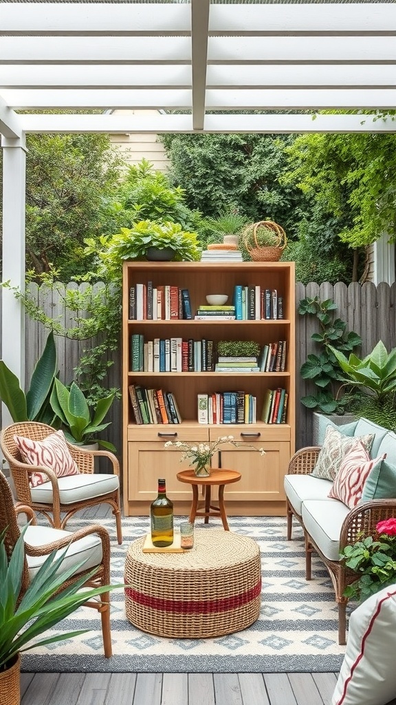 A cozy outdoor reading nook featuring a wooden bookshelf filled with books, surrounded by plants and comfortable seating.