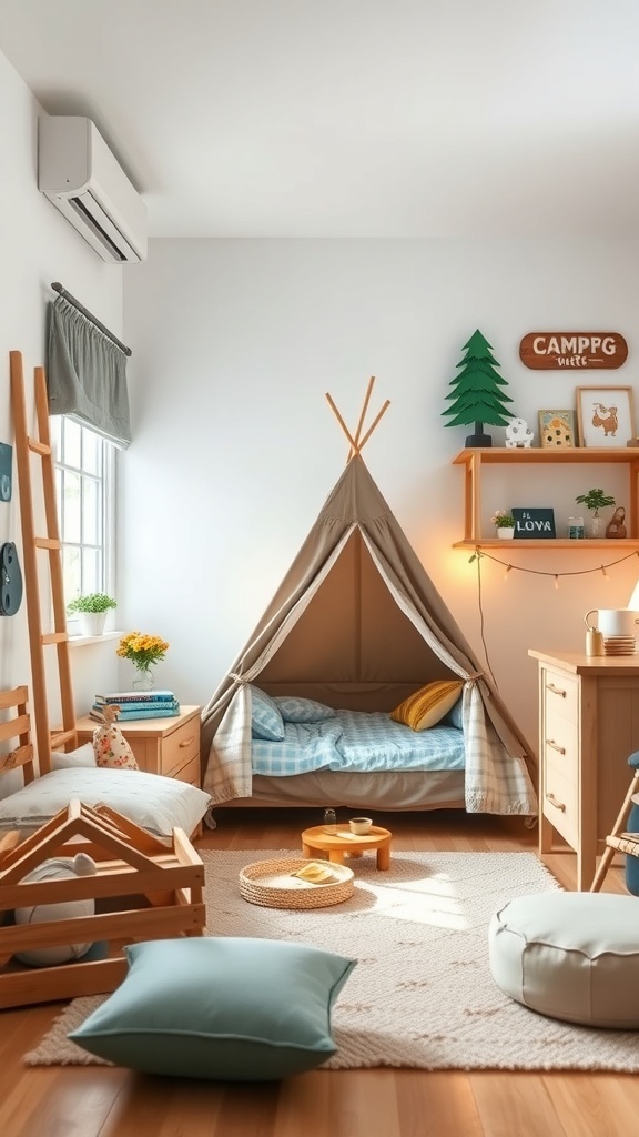 A cozy children's bedroom with a camping theme featuring a teepee, wooden furniture, and playful decor.
