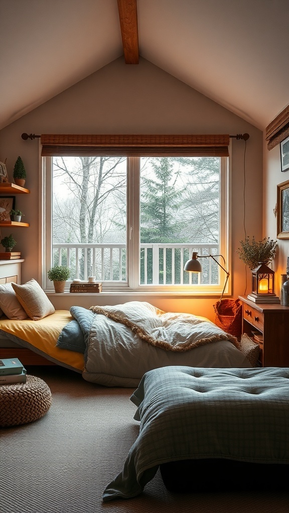 A cozy boy's bedroom with outdoor camping vibes, featuring soft bedding, plants, and natural light.