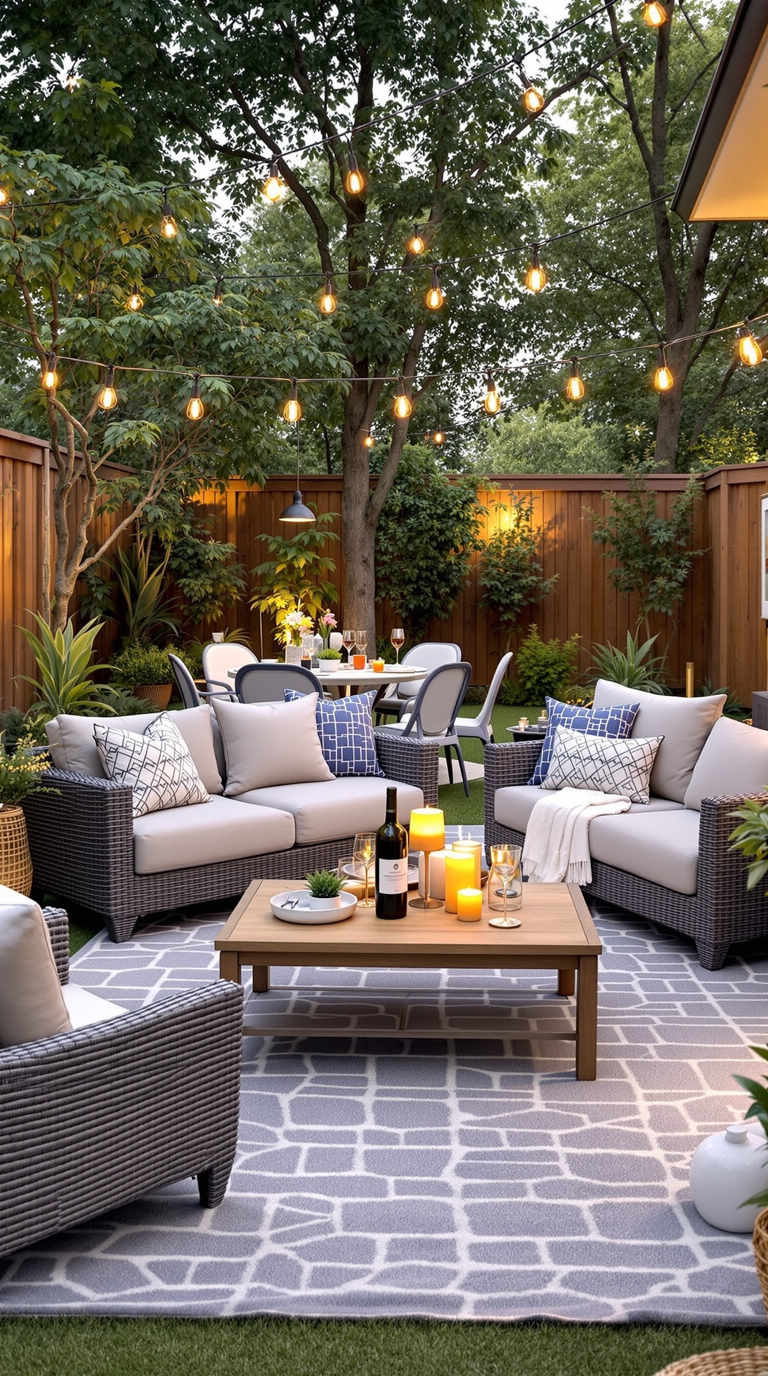 Cozy outdoor seating area with string lights, plants, and a coffee table, ideal for family gatherings.