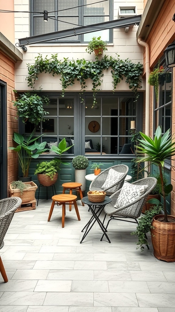A cozy outdoor coffee patio with wicker chairs, wooden stools, and lush greenery.