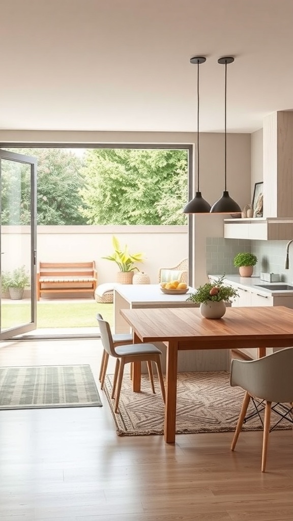 A modern kitchen with an open door leading to an outdoor seating area, featuring a wooden table, plants, and a cozy atmosphere.