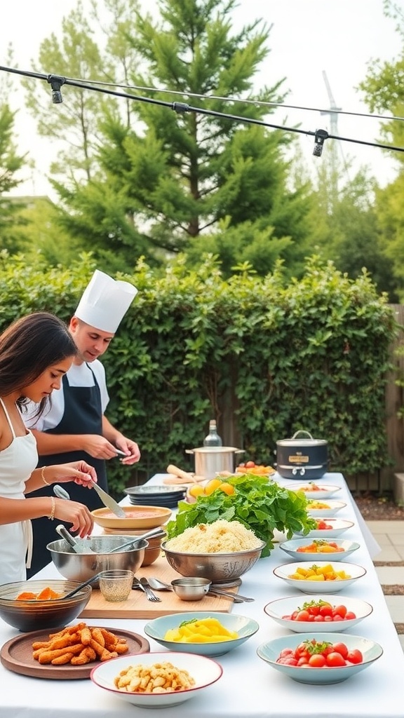 Outdoor cooking class setup for a bridal shower with fresh vegetables and bowls