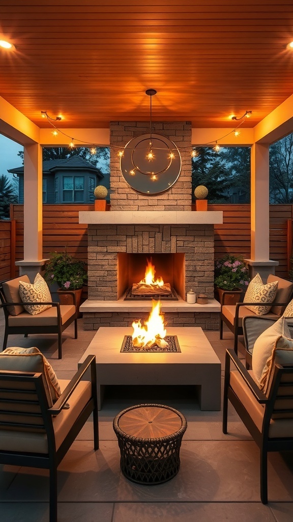 A modern outdoor fireplace setup with stone design, comfortable seating, and string lights.