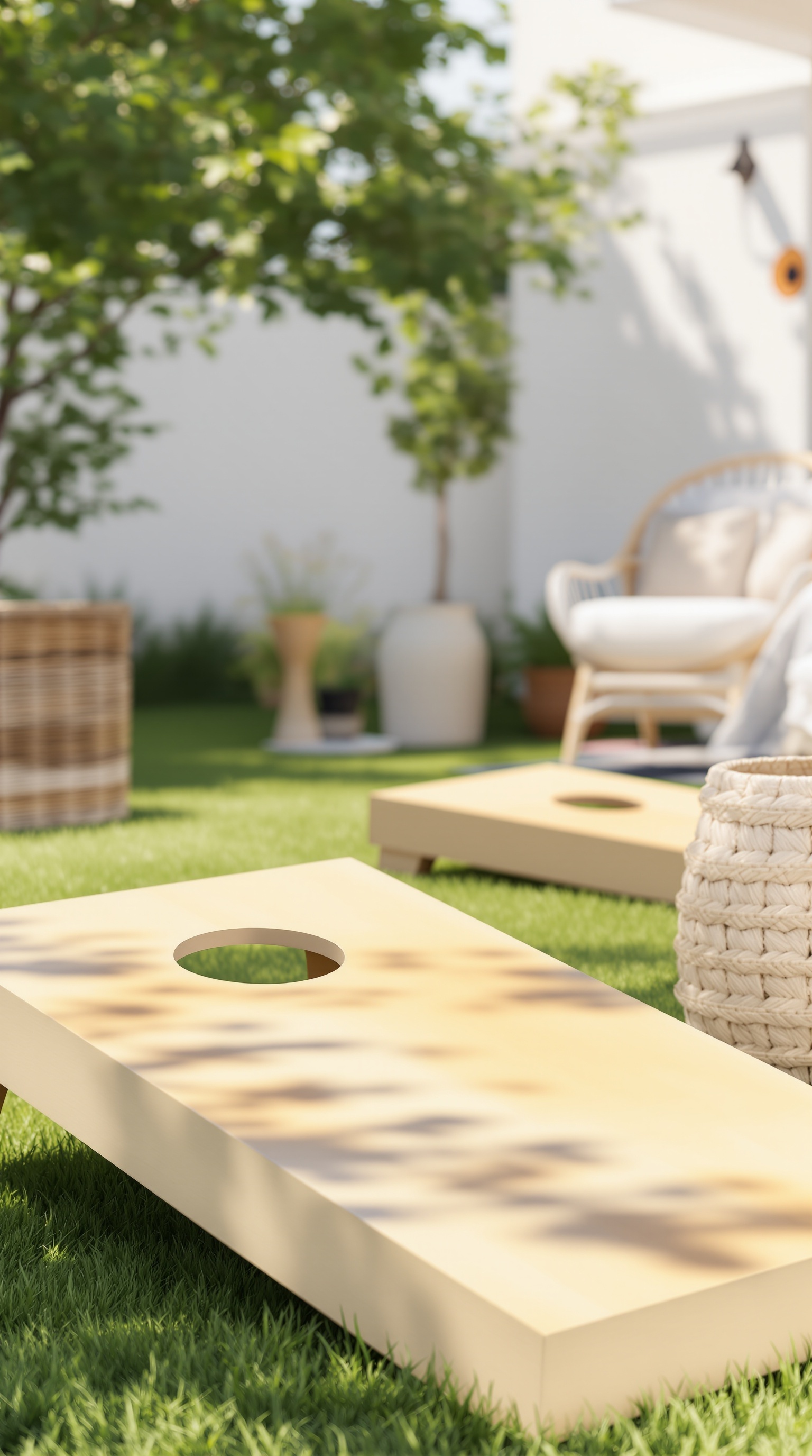 Outdoor game setup featuring cornhole boards on a green lawn with cozy seating in the background.