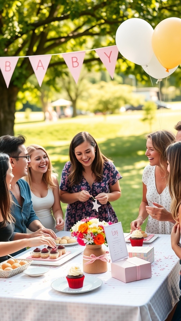 A group of friends enjoying a baby shower outdoors with games and treats.