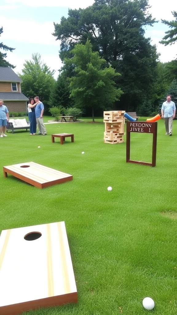Outdoor games setup for a small backyard wedding with guests playing and enjoying lawn games.