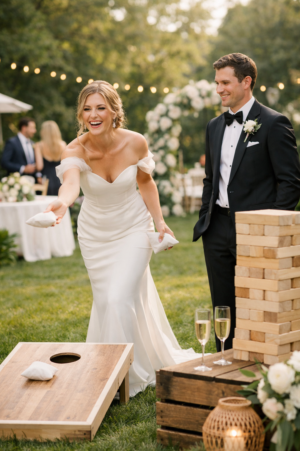 A bride enjoying a game of bean bag toss at a wedding, adding fun to the outdoor celebration.