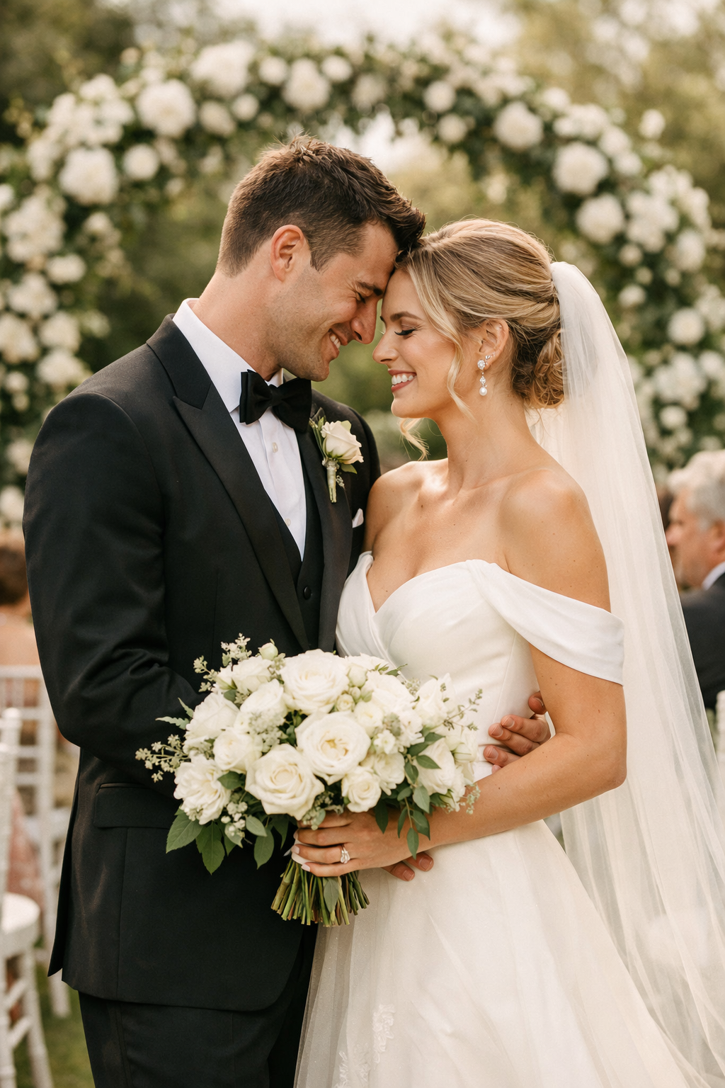 A couple smiling at each other during their outdoor wedding ceremony, surrounded by beautiful flowers