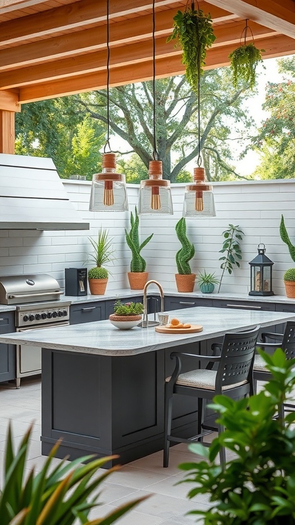 A modern outdoor kitchen island with seating, featuring a sleek countertop, potted plants, and hanging lights.