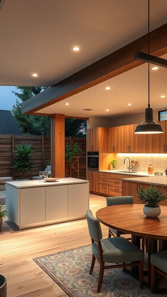 A modern outdoor kitchen with warm lighting, wooden accents, and a dining area.