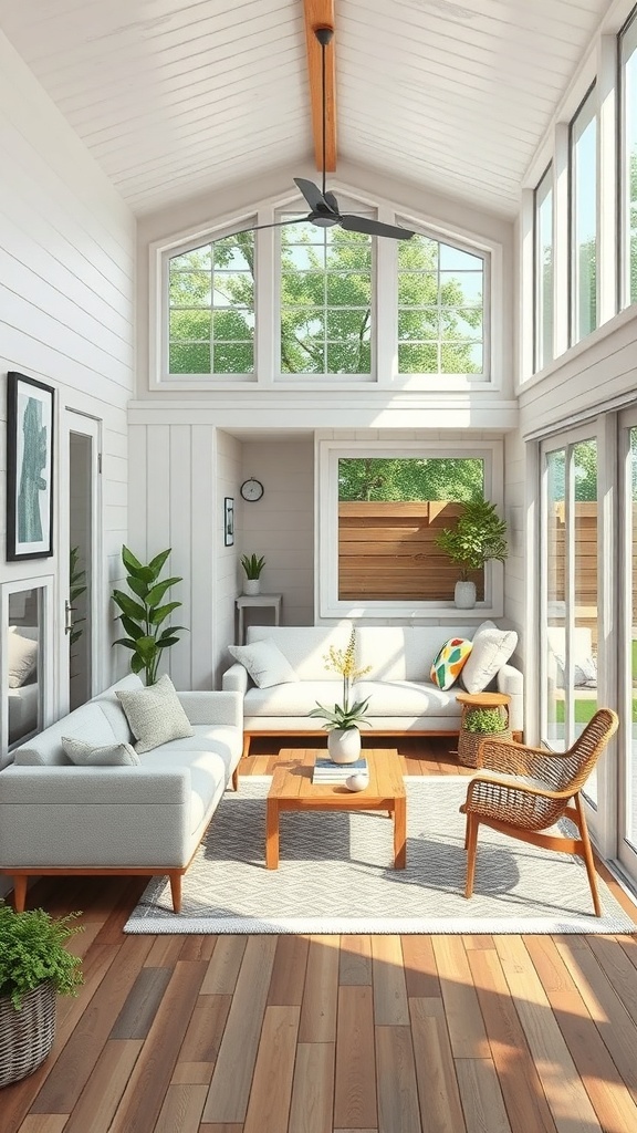 Bright and airy outdoor living area with large windows, comfortable seating, and plants.