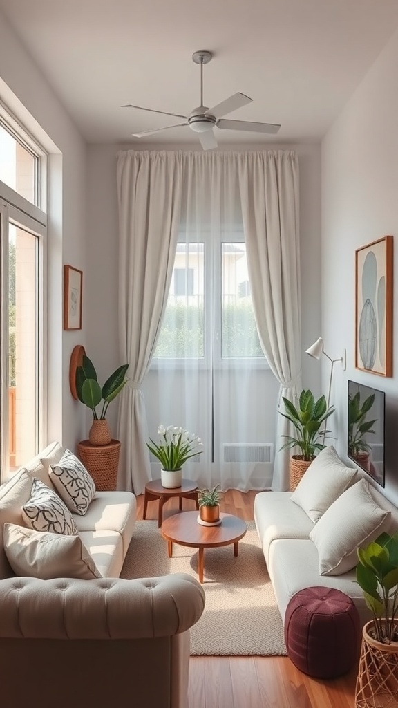 Cozy living room in a tiny studio apartment with large windows, plants, and light curtains.