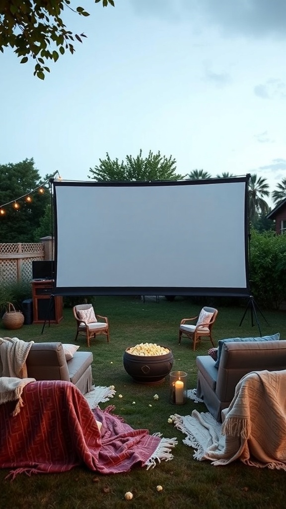 A cozy outdoor movie setup featuring a large screen, comfortable seating, blankets, and a fire pit.