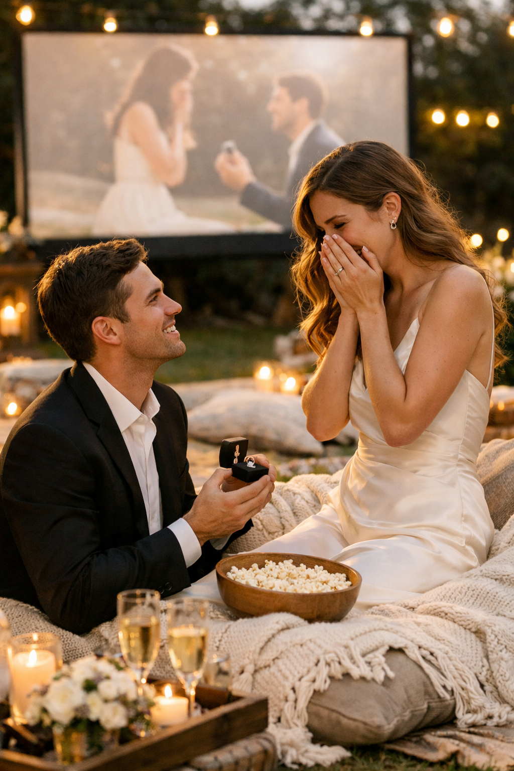 A couple enjoying an outdoor movie night, with the man proposing while the woman expresses joy.