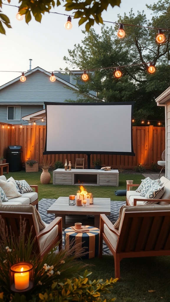 Cozy outdoor movie setup with a screen, comfortable seating, and string lights.
