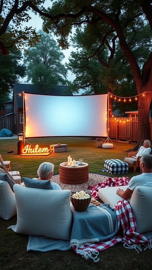 Outdoor movie screening setup for a backyard bridal shower, featuring seating around a large screen, blankets, and illuminated decorations.