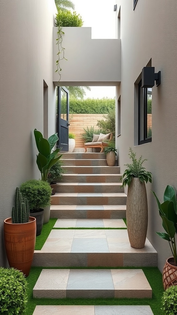A narrow outdoor staircase with stone steps, surrounded by potted plants and greenery.