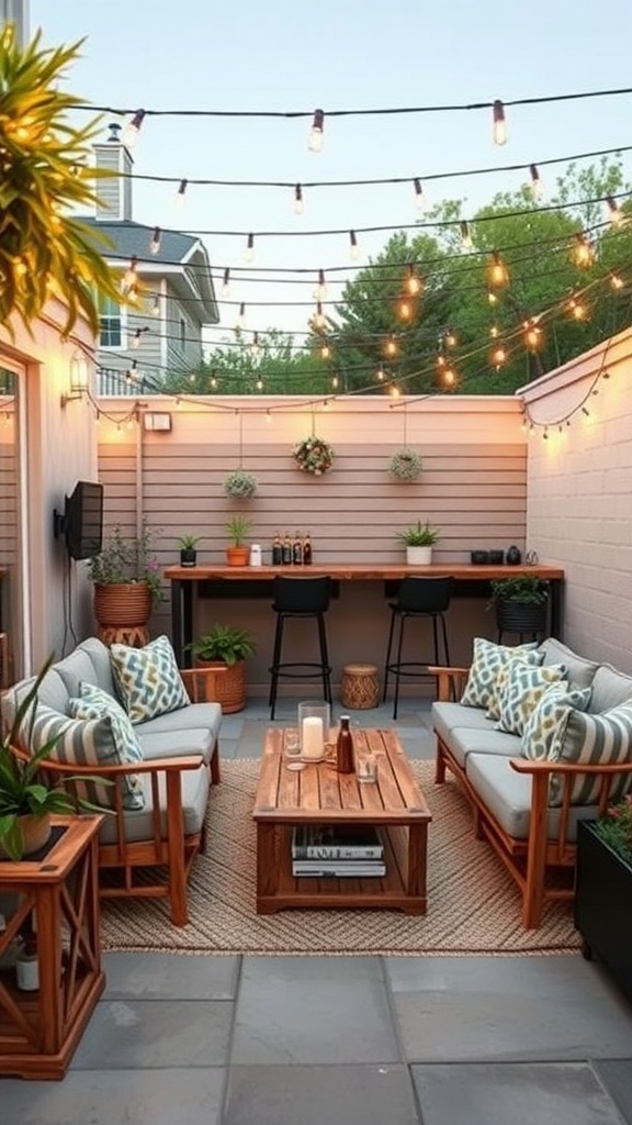 Cozy outdoor patio bar with seating and string lights