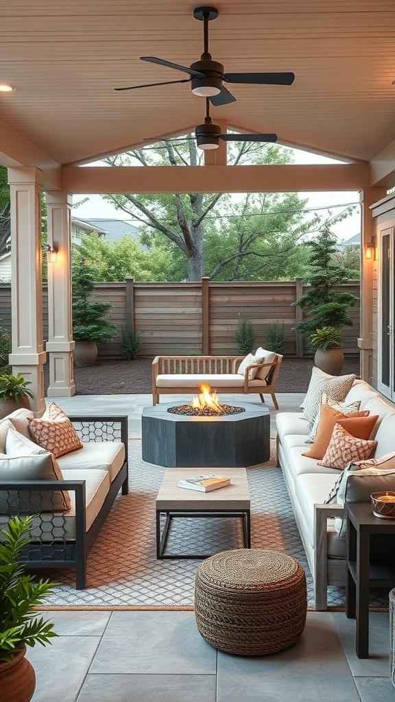 Stylish outdoor patio with lounge area, fire pit, and greenery.