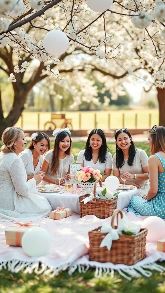 A group of women enjoying a picnic baby shower under blooming trees, with food and decorations.