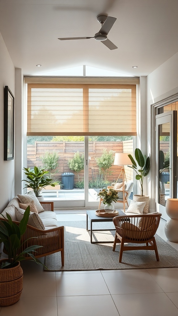 Cozy living area with sliding glass doors and outdoor roller blinds
