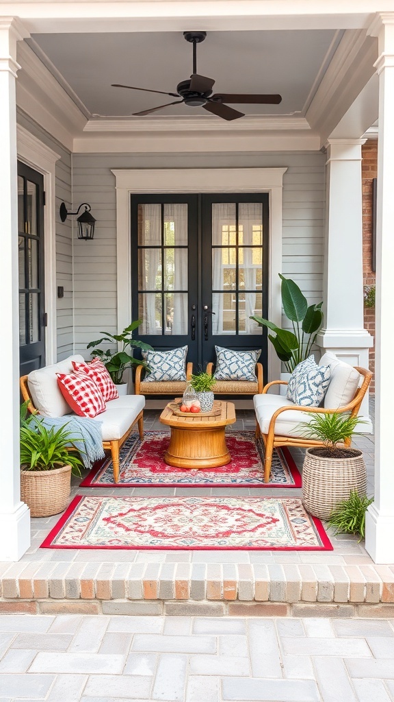 Cozy porch with a patterned outdoor rug, seating area, and plants.