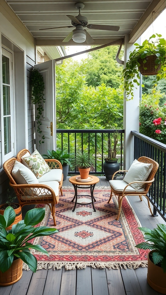 A cozy balcony featuring a patterned outdoor rug, two chairs, and potted plants.