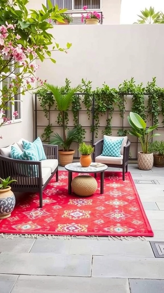 A cozy outdoor seating area with a vibrant red rug, two chairs, and potted plants.
