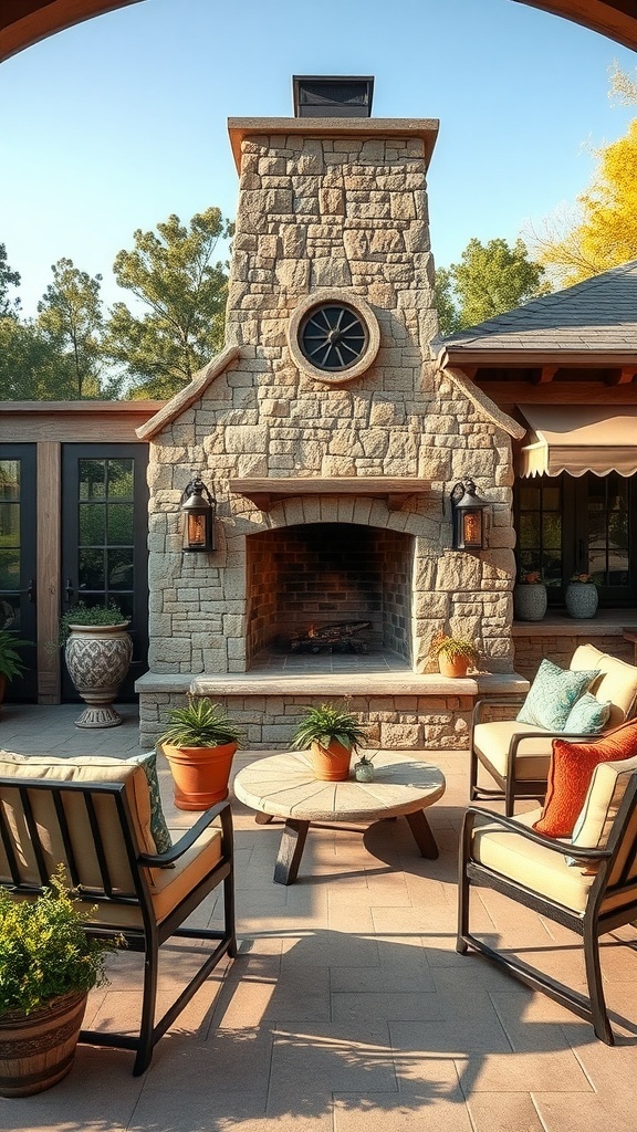 A rustic stone fireplace on a patio with comfortable seating and potted plants.